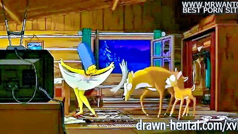 Marge Simpson hentai in white dress dancing with deer