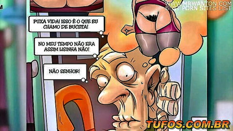 Cartoon grandpa eyes young woman's big ass in stockings, family naughty comic scene