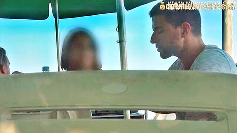 Brazilian slut giving dirty blowjob to man in public beach cafe