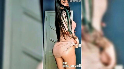 Tattooed brunette babe lifts tight pink mini dress teasing juicy ass cheeks
