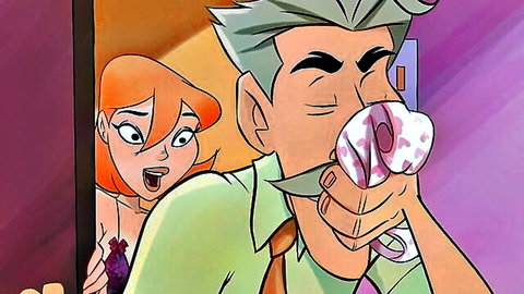 Shocked orange-haired cartoon girl peeks as gray-haired man sniffs cum-stained pink panties