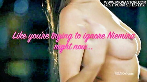 Topless brunette Niemina teasing with her perky tits exposed in sensual side view