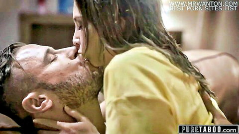 Curious teen in yellow top passionately kisses bearded older man