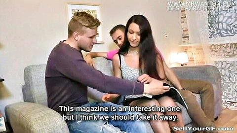 Eva in amateur casting interview with two guys on couch, Sell Your GF