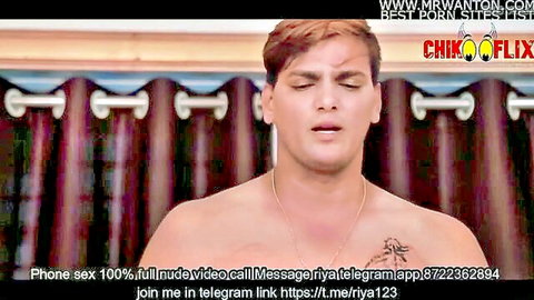 Shirtless Indian man with necklace and tattoo in sensual pose from Tharki Boss ChikooFlix film