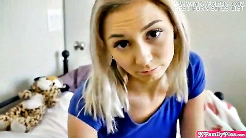 Blonde teen in blue top looks surprised in bedroom - Reagan Foxx stepmom discovery scene