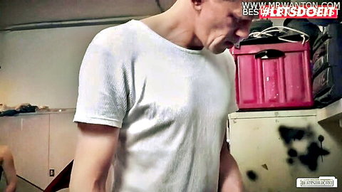 Hot German escort in intense threesome with two guys in garage shop