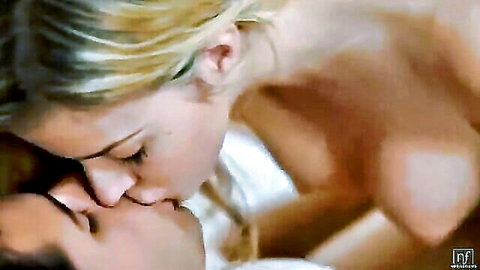 Blonde teen with small tits kissing passionately in threesome