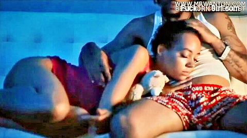 Curvy black woman in red lingerie cuddles step-bro in bed with teddy bear, morning wake-up tease