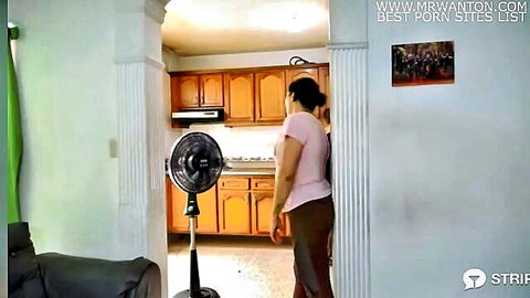 Curvy brunette Latina MILF in casual pink top and pants