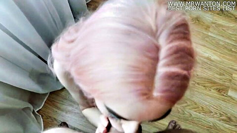 Skinny pink-haired babe kneeling for POV blowjob on big cock with deep throat