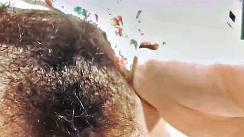 Fingers spreading wide open hairy pussy lips in closeup amateur solo masturbation