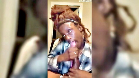 Amateur black crackhead prostitute giving blowjob in plaid shirt