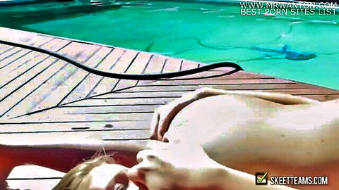 Blonde teen topless by pool in naughty lesbian sex exploration