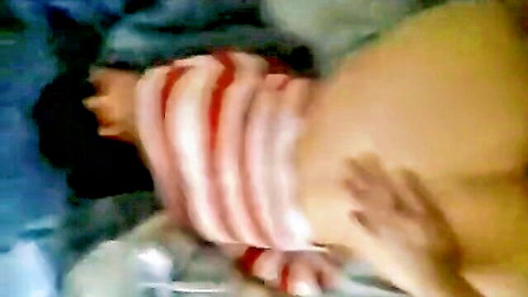 Beautiful young Latina in striped top exposing perky tits, solo tease