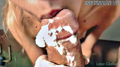 Lana Cocker creamy blowjob with gloves on dildo close-up