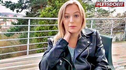 Aislin, Ukrainian blonde babe in leather jacket poses seductively outdoors