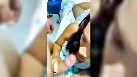 Brunette morena giving sloppy blowjob to boyfriend's cock