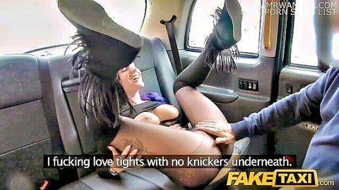 Goth babe in fishnets no panties fingered in fake taxi