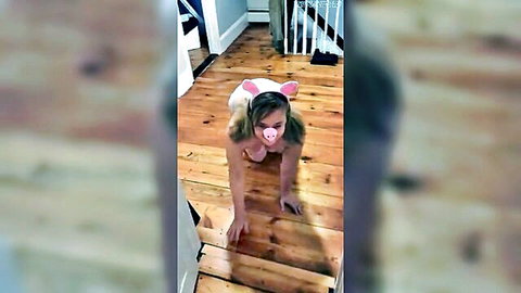 Chubby blonde in pig ears and nose on all fours, jiggling buttplug tail