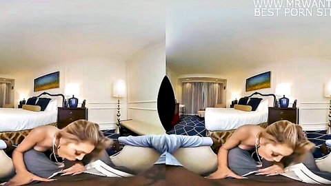 Blonde in white lingerie performs VR interracial oral in luxury hotel