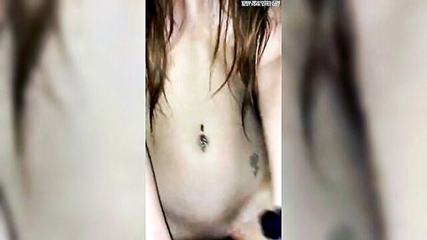 Topless college girl with navel piercing and tattoo riding cowgirl style