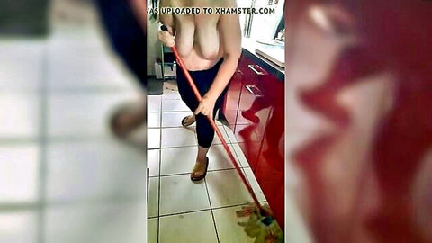 Topless European BBW mopping topless in high heels