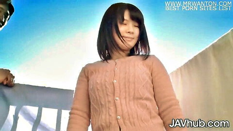 Japanese teen in pink cardigan fucked from behind on balcony