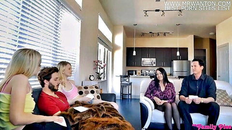 Blonde stepsisters and brunette seduce stepbro on couch in taboo scene