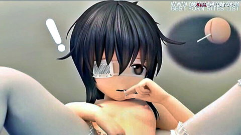 3D hentai teen with eyepatch spreads thighs teasing bare pussy with giant lollipop