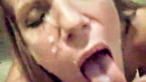 Blonde babe sticks out tongue with thick cum dripping in open mouth after facial