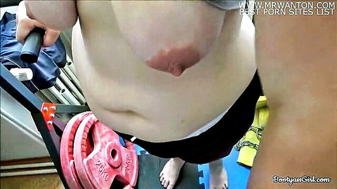 POV of fat BBW's massive hanging belly and bruised tits exposed in gym workout