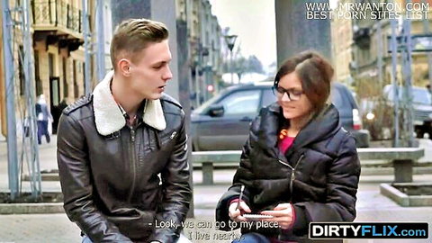 Leather jacket guy picks up sexy glasses girl on street inviting her home for fuck