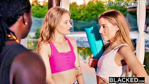 Two skinny blonde yoga babes in tight tops flirt with muscular BBC stud by pool