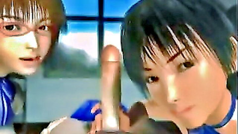 3D hentai girl in blue uniform giving blowjob to glasses boy