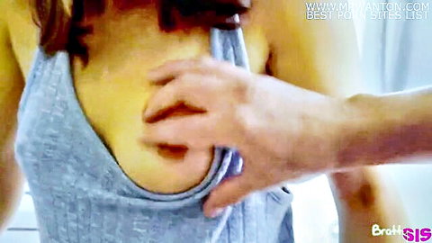 Hand groping exposed small tits of skinny brunette teen in gray tank top