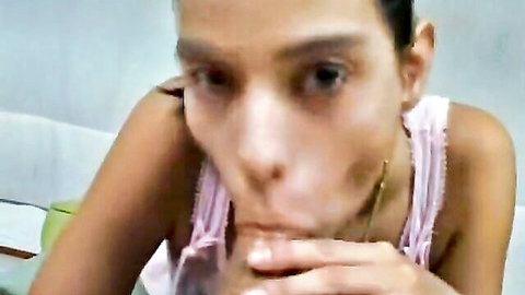 Latina brunette teen POV blowjob with pursed lips sucking cock in pink top