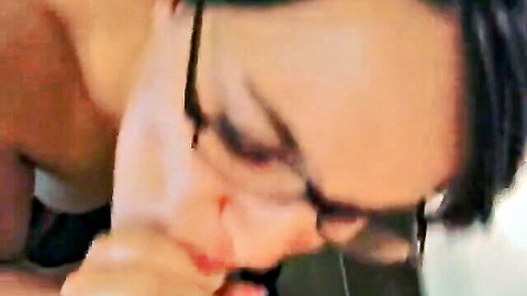 German woman in glasses close-up oral cumshot scene