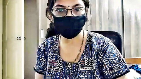 Indian MILF in glasses and mask stripping on cam, solo amateur tease