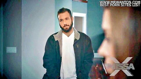 Bearded man bonding intimately with stepsis and stepmom in taboo family scene