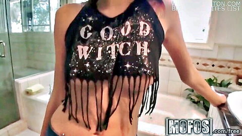 Janice Griffith in fringed Good Witch tank top, sexy bathroom tease, Mofos POV