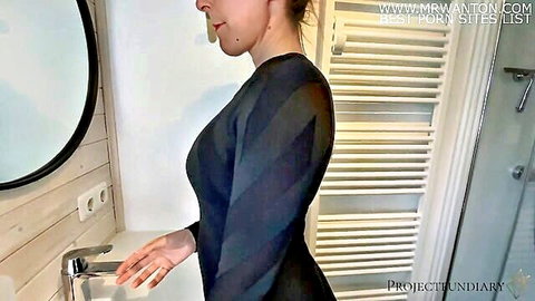Brunette in tight black dress teases in bathroom - projectsexdiary secret dinner party sex