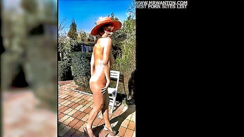 Asian babe with bare ass strutting nude outdoors in high heels and orange hat