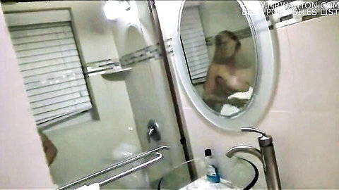 Alexis Fawx nude in bathroom mirror reflection, mature blonde MILF solo
