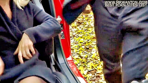 Blonde wife outdoor car sex nearly caught with cumshot