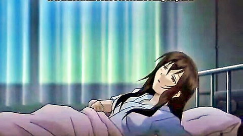 Cute anime hentai girl with long black hair lying in bed, school uniform