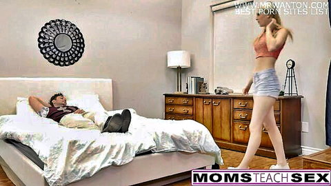 Alexis Fawx in crop top and shorts seduces stepson on bed, Moms Teach Sex