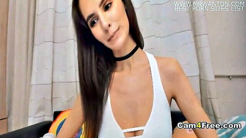 Brunette babe with perfect body in white tank top and choker, teasing solo