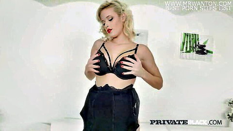 Ria Sunn blonde bombshell in black lace lingerie tease