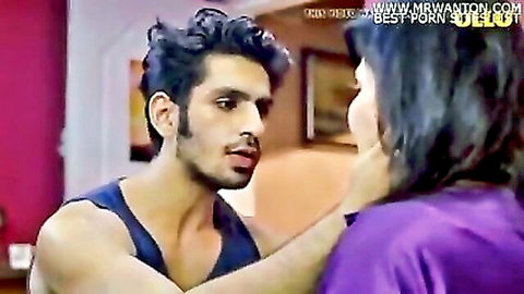 Indian MILF in purple dress kissing muscular son-in-law intimately